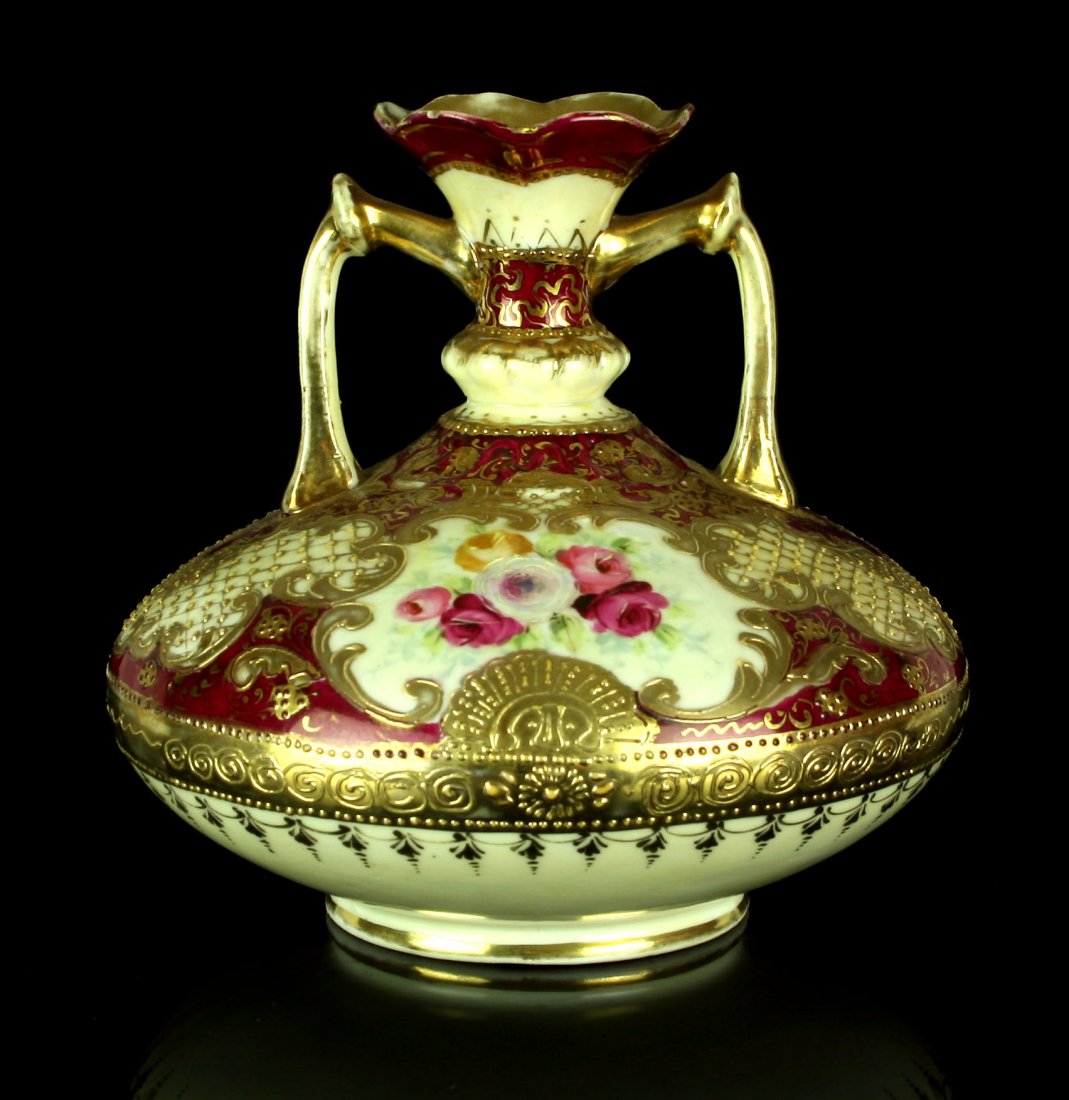 6" Tall Heavily Gold Stippled / Encrusted Porcelain: Not marked. Unsure of manufacture. Could be Nippon but is heavy and has a distinct appearance of quality. Excellent condition. There is some wear to the gold around the rim which goes to age.