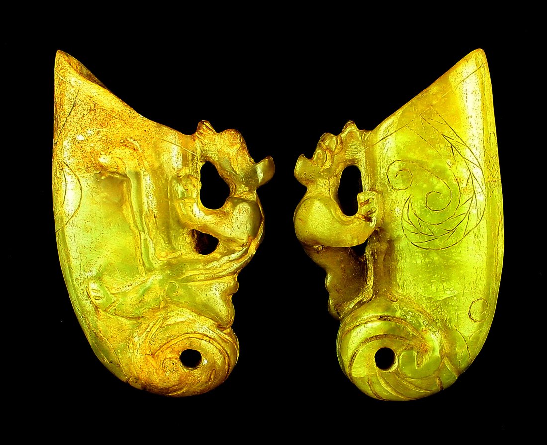 Pair of 3" Jade Chinese Libation Cups: Jade examples with small measures featuring twin Tigers climbing the cups. Exact age unknown.