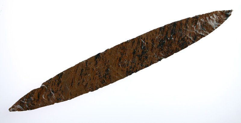 Extra Large Museum Quality Colima Threshold Blade -: DESCRIPTION: Huge rare 11 7/8" Colima Culture (300 B.C. - 400 A.D.) Threshold Blade with Jackson G-9 COA. Amazing craftsmanship with tiny ribbon oblique flaking over the entirety of both blade fa