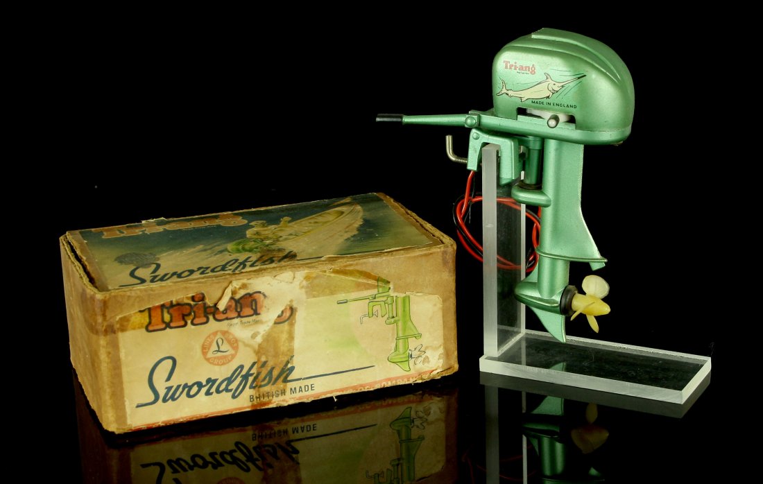 Vintage Mid-1950's Tri-ang Swordfish Model Outboard: 1950's Vintage Triang Swordfish Outboard Motor. In original box. 'British Made' Appears in pristine (however dusty) condition with original box. Excellent Condition. From the Nick Hadden Collection of