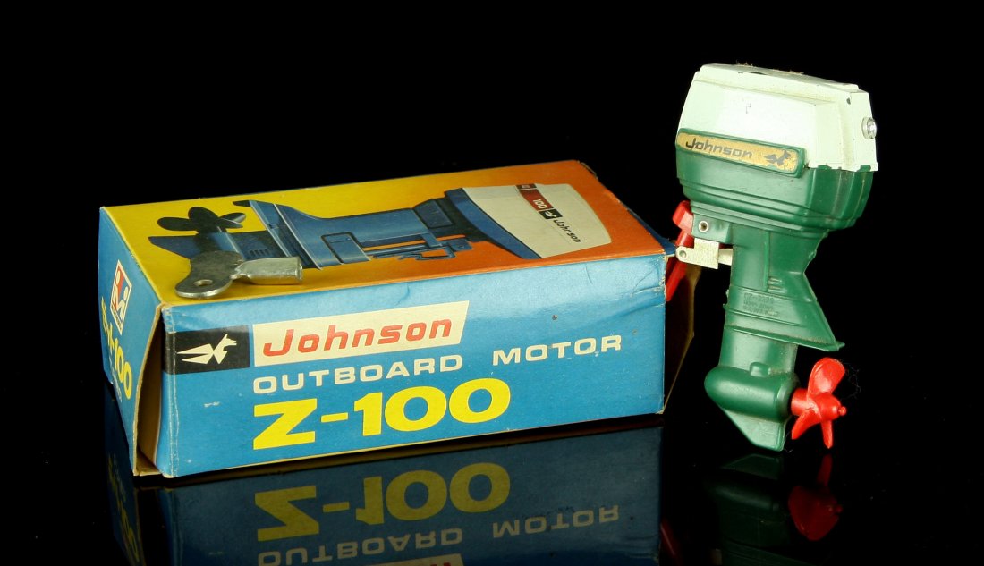 Pair of Vintage Johnson Toy Boat Motors: Nice pair of rare toy boat motors from the Nick Hadden Collection of Vintage Toys & Models. Original Box for the Yellow 'Z-100' engine Windup with key. Display only non-working.