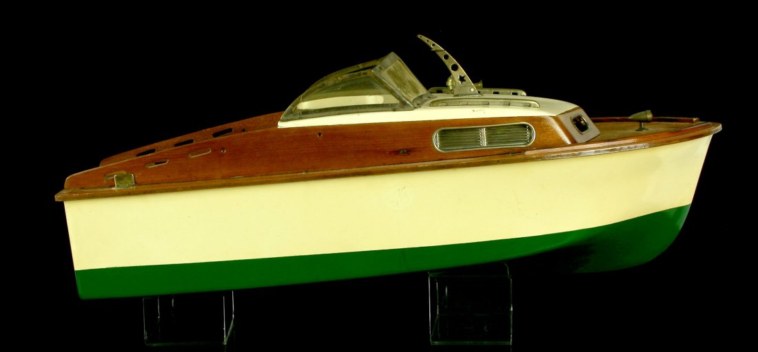 16 1/8" Vintage Model Boat - Cabin Cruiser: Nice Vintage wood and plastic model boat of 1970's vintage with metal hardware. Interior deck missing. From the Nick Hadden Collection of Vintage Toys and Models - See similar auction results to $300!