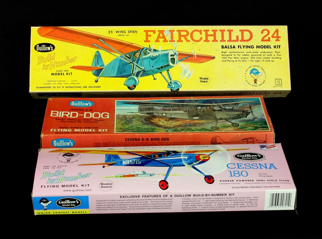 3 Guillow's Balsa Wood Model Airplane Kits: All appear intact. Including a Fairchild 24, Cessna 180, and a Cessna O-IE Bird-Dog. From the Nick Hadden Collection of Vintage Toys & Models.