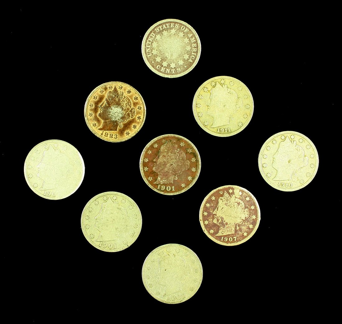 9 Early Nickels: 1 - 1867 Shield Nickel, 8 Liberty Head 'V' nickels - 1883, 190?, 1901 (2), 1902, 1907, 1910, 1911. Nice lot.