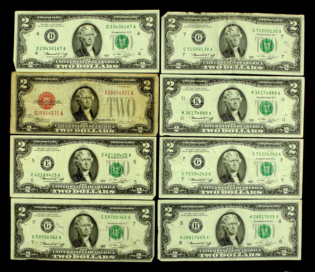8 $2 Notes, one Series 1928F Red Seal: 7 Series 1976 $2 notes, and one Series of 1928 LARGE TWO Red Seal $2 note.