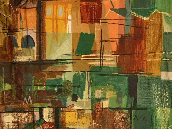 A QUANTITY OF PIPER FABRIC: John Piper For Sanderson Fabrics Ltd, 'Stones Of Bath', a quantitiy of Curtains, Circa 1962 the screen-printed cotton satin depicting disjointed and abstract scenes of architecture in various shades o