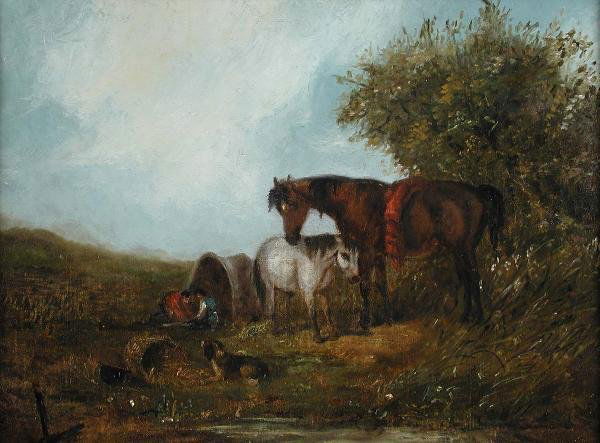 JOHN DUVALL (ENGLISH, 1816-1892): John Duvall (English, 1816-1892) A Gypsy Encampment with a Bay and a Grey Pony, a Spaniel Alongside oil on canvas 28 x 39cm Provenance: Private collection, Norfolk