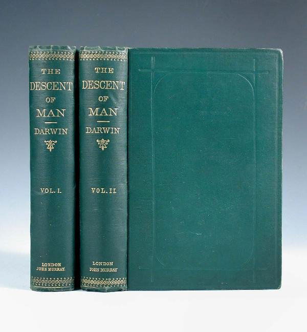 DARWIN, CHARLES. THE DESCENT OF MAN: DARWIN, Charles. The Descent of Man, and Selection in Relation to Sex, in two volumes, FIRST EDITION London: John Murray 1871, 16pp adverts dated January 1871 to end of each volume, errata overleaf of
