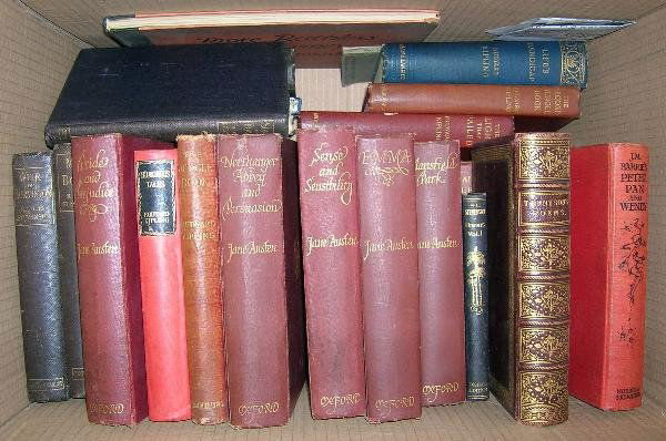 A BOX OF NOVELS BY RUDYARD KIPLING: A box of novels by Rudyard Kipling, R.L. Stevenson and 5 volumes of Jane Austen's novels, second edition 1926, etc (a box)