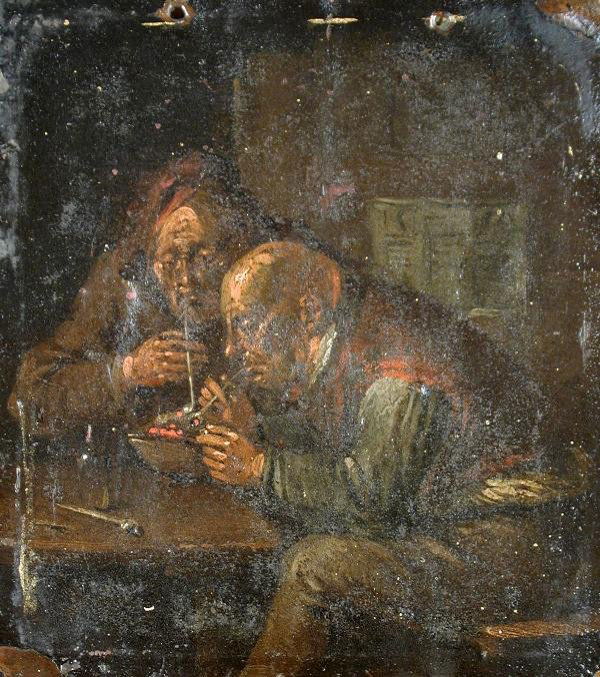 DUTCH SCHOOL (18TH CENTURY): Dutch School (18th Century) Boors in a Tavern sharing a Pipe and a Bowl of Tobacco oil on copper 12 x 10cm