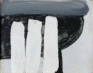 JOHN BLACKBURN (BRITISH, B.1932): John Blackburn (British, b.1932) Small Black, White Grey Shapes oil on panel 20 x 26cm