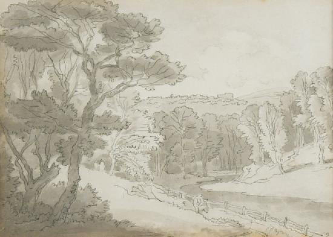John White Abbott (British, 1763-1851) - Fordland,: Description: John White Abbott (British, 1763-1851) Fordland, Devon, 1829 pen and ink with sepia wash on paper h:11 w:15 cm Condition Report: One small foxing spot along the top edge.