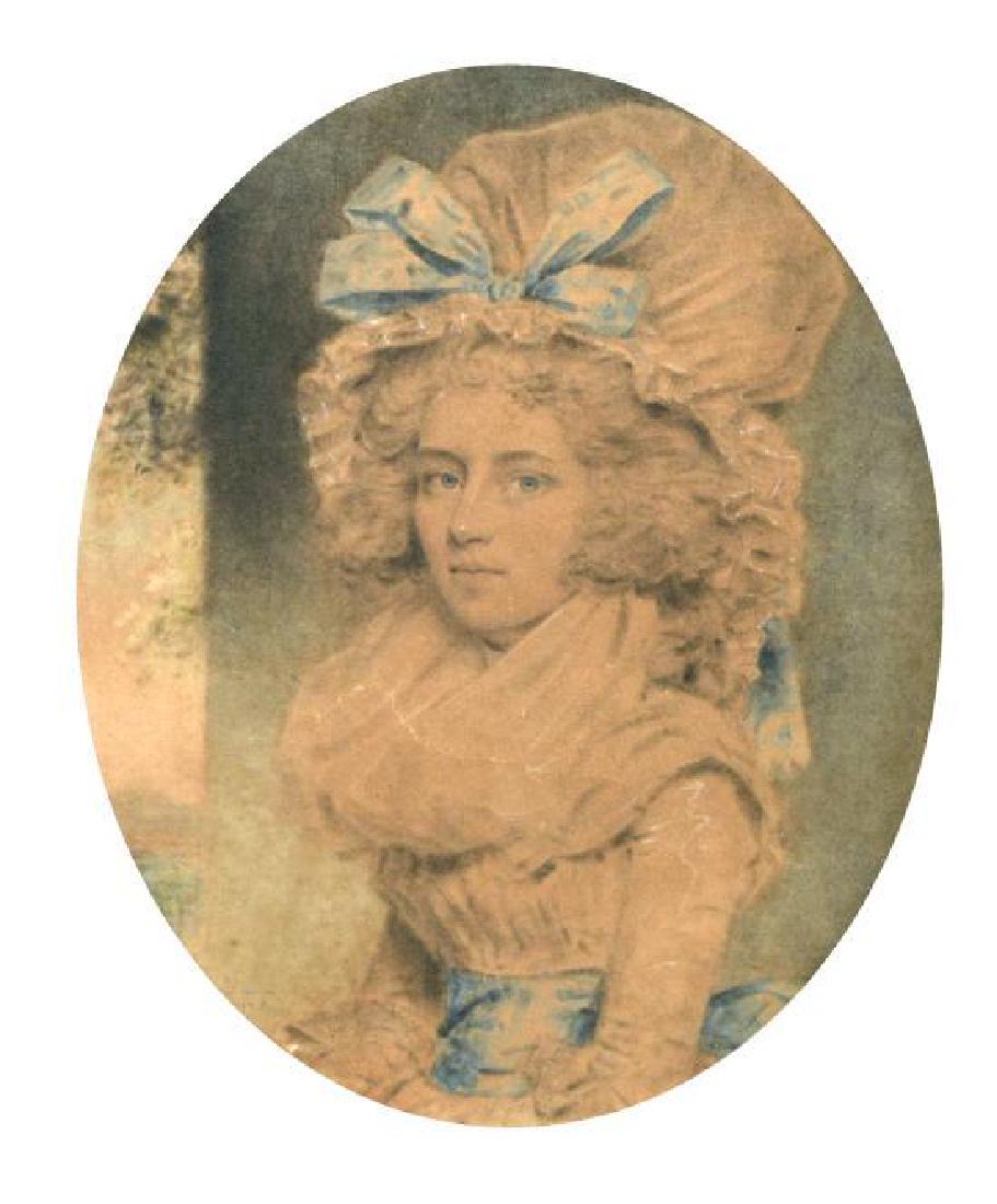 John Downman, ARA - Portrait of a lady in a white: Description: John Downman, ARA (British, 1750-1824) Portrait of a lady in a white fichu, white dress trimmed with blue ribbons and a beribboned lace mob cap signed lower left "Jo. Downman / 1780" wate