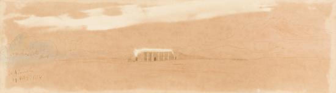 Edward Lear (British, 1812-1888) El Koorneh, Egypt: Description: Edward Lear (British, 1812-1888) El Koorneh, Egypt titled and dated '19.Feby, 1854' lower left and with annotations pencil, pen and brown ink and wash on off-white paper h:12 w:42.50 cm P