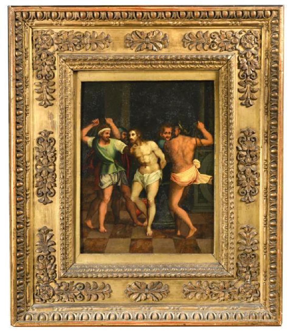Attributed to Marcello Venusti (Italian, 1512-1579) The: Description: Attributed to Marcello Venusti (Italian, 1512-1579) The Flagellation of Christ oil on copper h:24.50 w:19 cm Other Notes: The composition derives from drawings by Michelangelo which he an