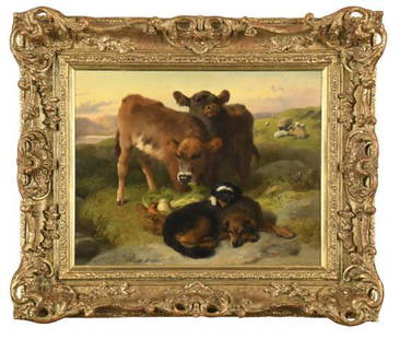 George William Horlor - Two calves, a bitch and a puppy: Description: George William Horlor (British, 1823–1895) Two calves, a bitch and a puppy by a basket of vegetables signed lower left "G W Horlor / 1888" oil on panel h:36 w:46 cm Condition Report: Oi