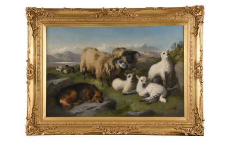 Geroge William Horlor (British, 1823–1895) - Sheep with: Description: George William Horlor (British, 1823–1895) Sheep with lambs and a sheepdog signed lower left "G W Horlor / 1877" oil on canvas h:60 w:90 cm Condition Report: Oil on canvas which has bee