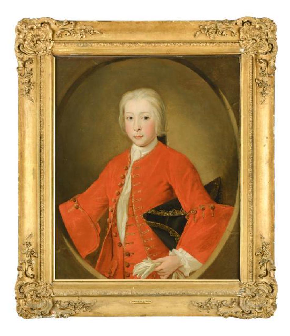 Attributed to John Alexander (Scottish, 1686-c.1766): Description: Attributed to John Alexander (Scottish, 1686-c.1766) Portrait of Patrick Byres of Tonley (1713-1788), half-length, in a red jacket, with a tricorn hat under his arm oil on canvas, in a fe