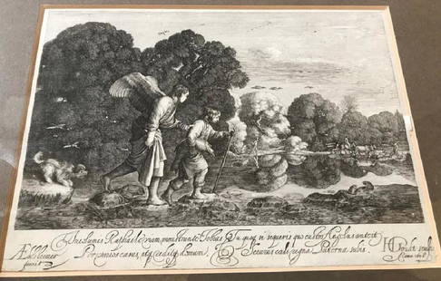 Hendrik Goudt (Utrecht 1583-1648) after Adam Elsheimer.: Hendrik Goudt (Utrecht 1583-1648) after Adam Elsheimer. Tobias carrying the fish, walking with the Angel. Engraving, 1608, trimmed, 134 x 186mm (small tear to right margin); Israel after Stefano Della