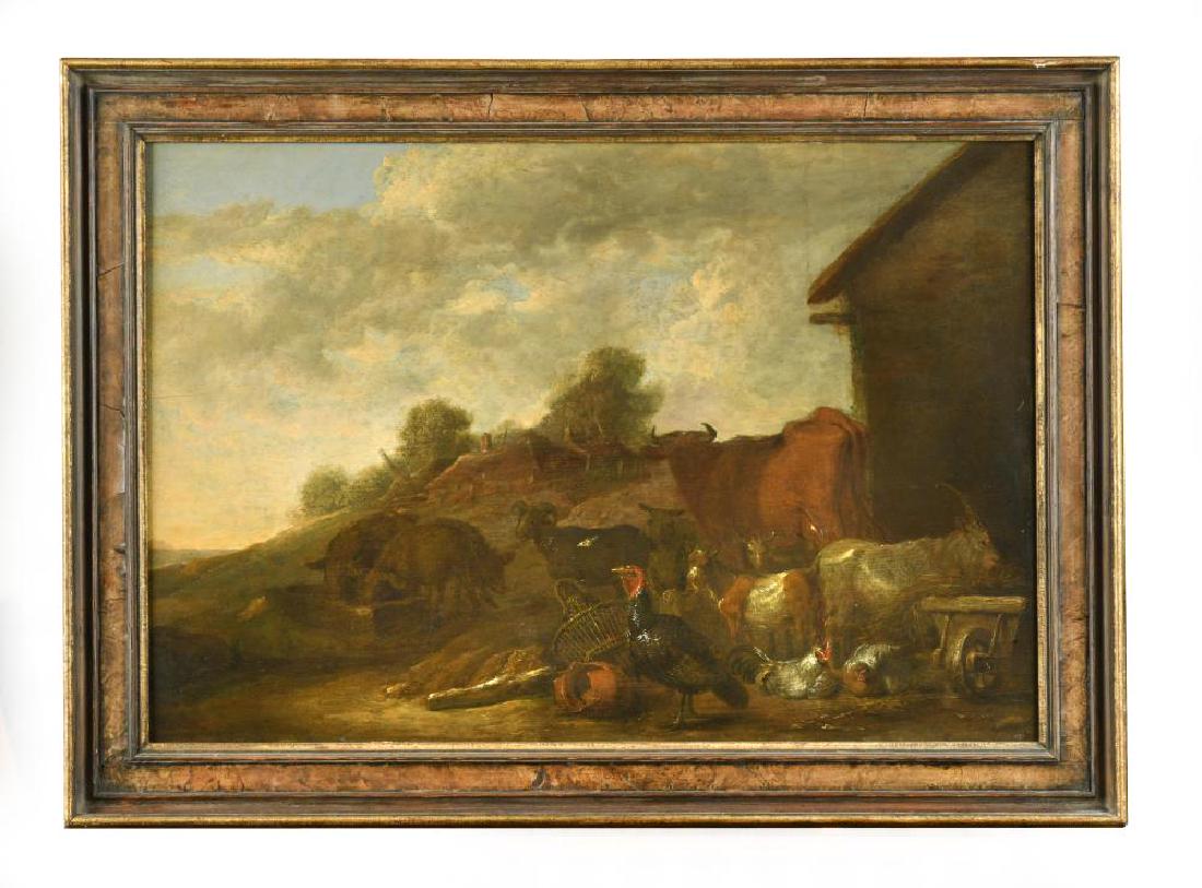 Attributed to Cornelis Saftleven (Dutch, 1607-1681) A: Attributed to Cornelis Saftleven (Dutch, 1607-1681) A turkey, cattle, goats and pigs in a farmyard inscribed indistinctly lower left oil on panel 49 x 74cm (19 x 29in) Provenance: Dullingham House, Ne