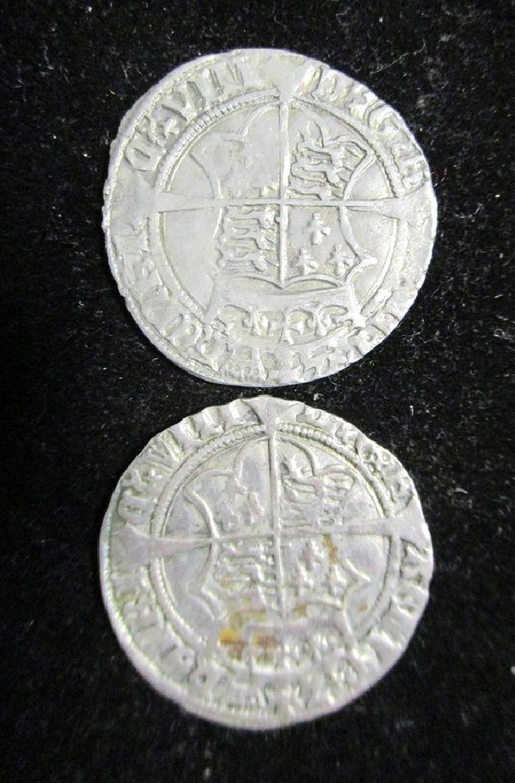 Henry VIII groat, first harp issue (1534-40) with: Henry VIII groat, first harp issue (1534-40) with crowned H and I for Henry and Jane Seymour, together with a similar coin (both F/VF) (2)