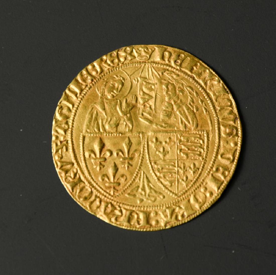Henry VI, King of England and France (1422-53) gold: Henry VI, King of England and France (1422-53) gold Salut d'Or, second issue from 1423, standing figures of Virgin Mary and Angel Gabriel behind shields, VF or EF, 3.6 g