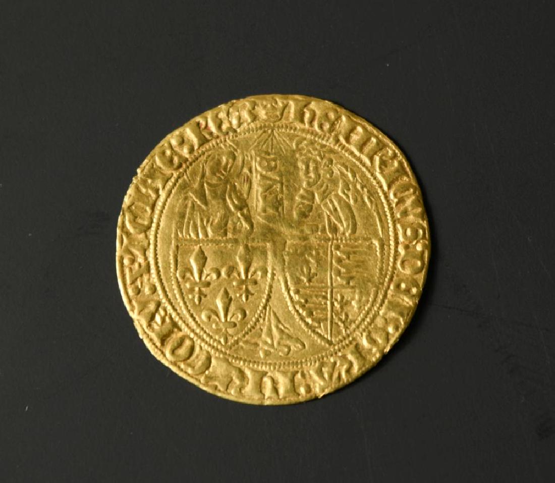 Henry VI, King of England and France (1422-53) gold: Henry VI, King of England and France (1422-53) gold Salut d'Or, second issue from 1423, standing figures of Virgin Mary and Angel Gabriel behind shields, F or better with central crease, 3.7 g