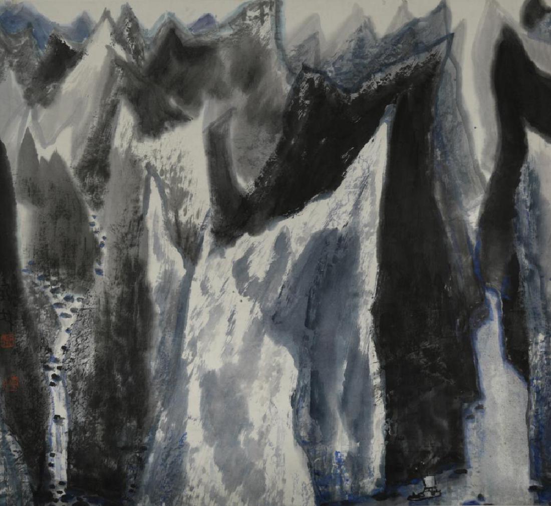 Li Baolin Born 1936 Rocky gorges mounted; ink and: Li Baolin Born 1936 Rocky gorges mounted; ink and colour on paper Two seals and signature 59 x 64cm (23 x 25in) Provenance: Ex: collection Harley Preston