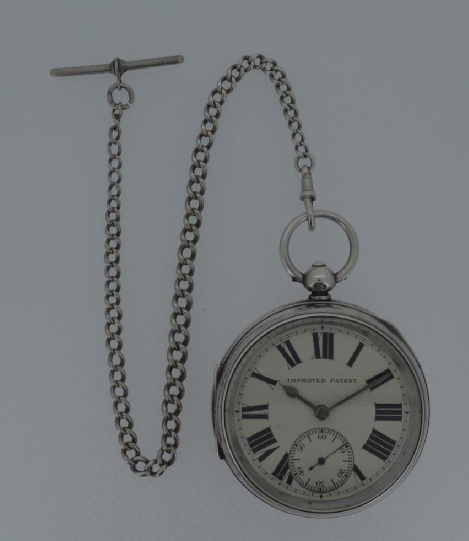 An Edward VII silver open faced pocket watch and chain, (1 of 6)