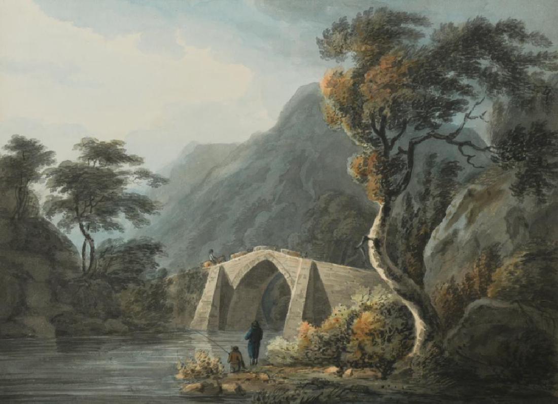 William Payne (British, 1760-1830) On the Yealm, Devon,: William Payne (British, 1760-1830) On the Yealm, Devon, with fishermen in the foreground and a herder and cattle crossing a bridge watercolour 30 x 42cm (12 x 16in) Provenance: From the collection of