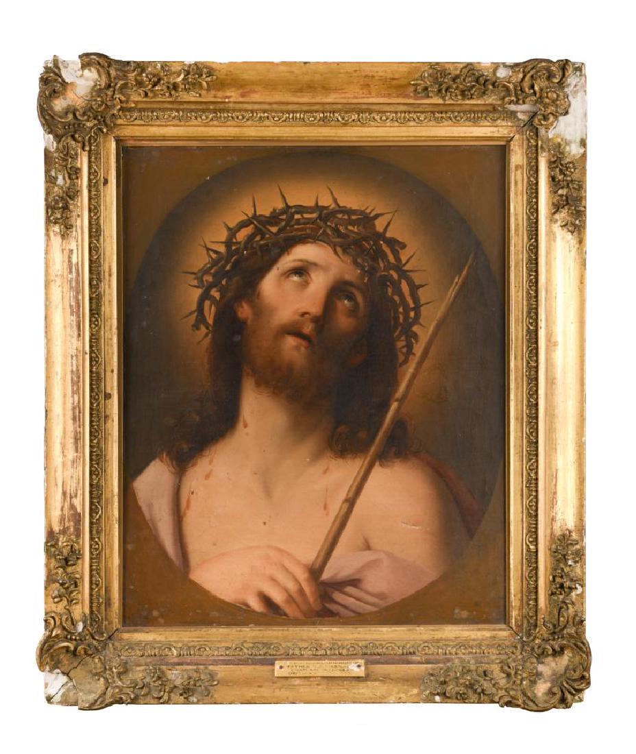 After Guido Reni, 19th Century Ecce Homo: After Guido Reni, 19th Century Ecce Homo oil on canvas 62 x 50cm (24 x 20in) Oil on canvas which is unlined. There are two patches on the reverse, one is an repair to a hole which is to the right of C