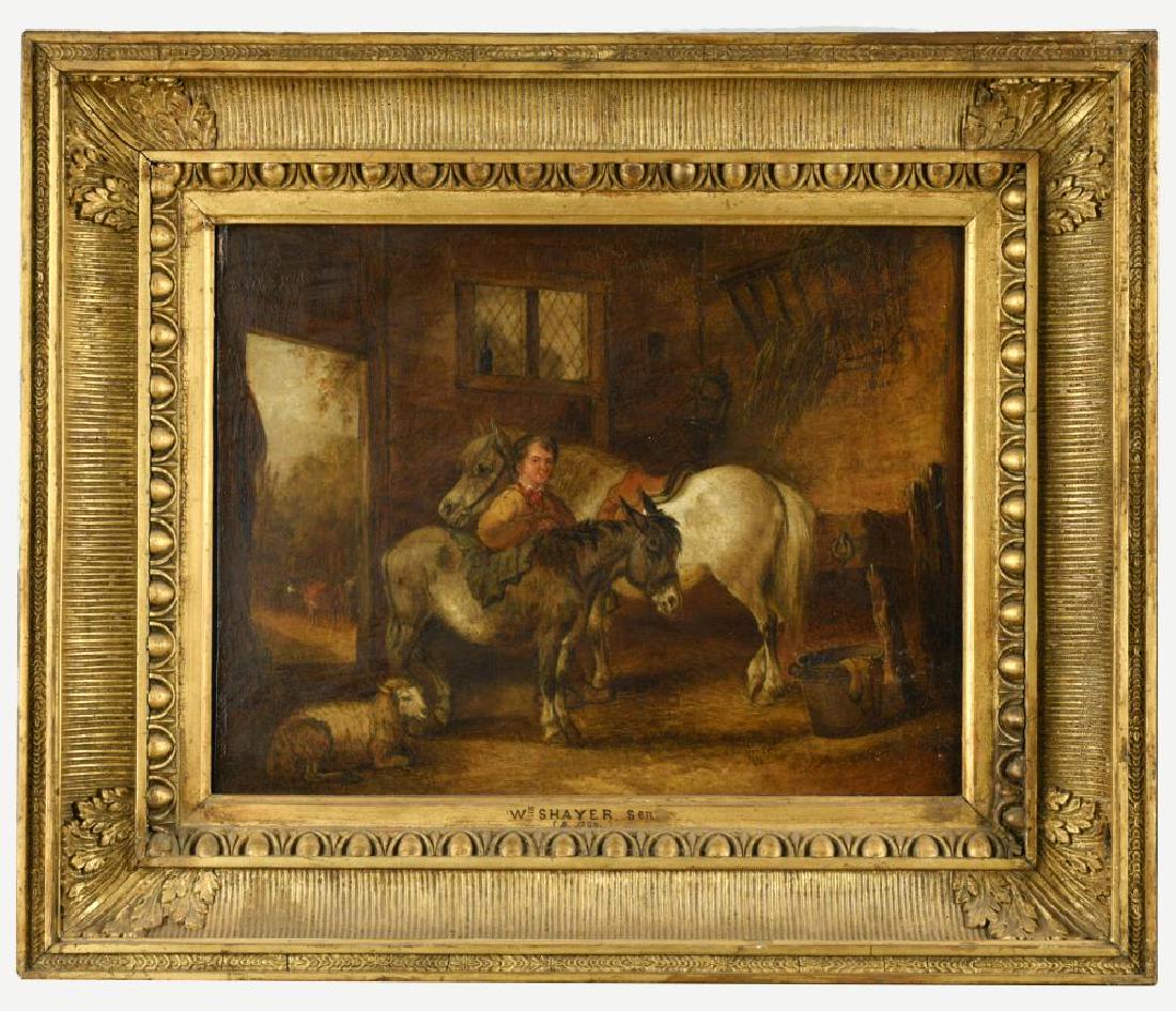William Shayer, Senior (British, 1787-1879) A farmer: William Shayer, Senior (British, 1787-1879) A farmer with a donkey, pony and sheep in a stable signed "Shayer Sen" lower right oil on panel 34 x 46cm (13 x 18in) Provenance: From a Norfolk country hou