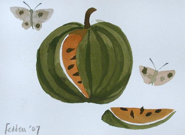 MARY FEDDEN: Mary Fedden Melon and Butterflies signed lower left "Fedden '07" watercolour 10 x 14cm