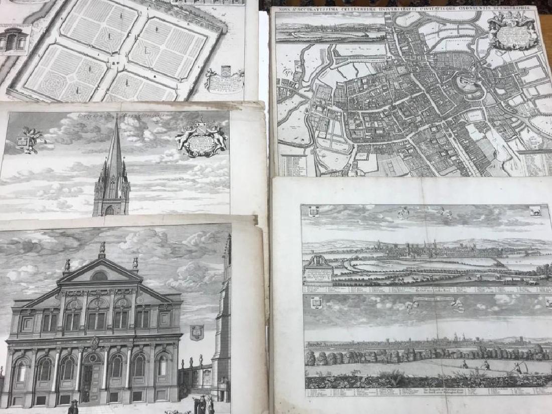 David Loggan, various Oxford engravings, including: David Loggan, various Oxford engravings, including Plan, 43 x 55cm, Prospect and Botanic Gardens, St Mary's Church, and Sheldon Theatre, all loose with some staining and age wear