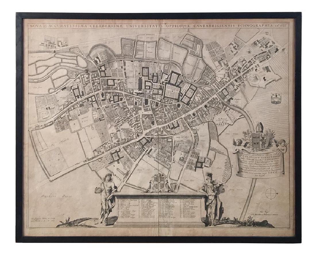 David Loggan.: David Loggan. Nova & Accuratissima Celeberrimae Universitatis Oppidique Cantabrigiensis Ichnographia, double page engraved plan of Cambridge, 1688, numbered key below, 43 x 54.5cm.