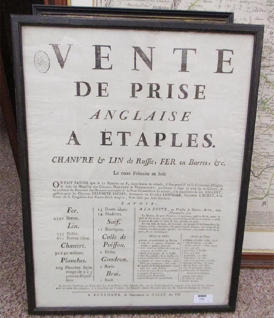 A French broadside circa 1800 'Vente de Prise Anglaise: A French broadside circa 1800 'Vente de Prise Anglaise a Etaples', printed by Dolet a Boulogne, An VIII, 47 x 35cm (framed); and another for the City of Norwich Society of Lamplighters, Verses for 180