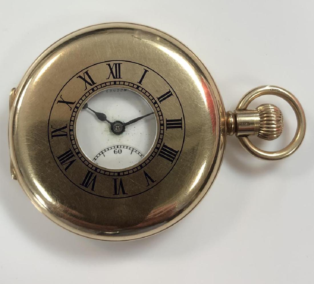 JW Benson - A 9ct gold half hunter pocket watch,: JW Benson - A 9ct gold half hunter pocket watch, circa 1933, the front lid with blue enamel Roman numerals, the signed 40mm white dial with black Roman numerals, blued hands, subsidiary seconds regist