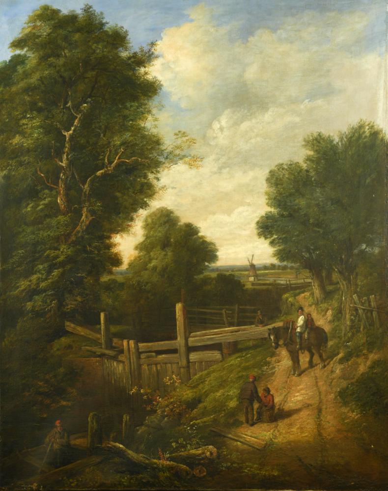 Follower of John Constable, mid 19th Century The Lock: Follower of John Constable, mid 19th Century The Lock Gate with figures to the foreground, the lock keeper and travellers with a heavy horse oil on canvas, unframed 144 x 115cm (56 x 45in) Provenance: