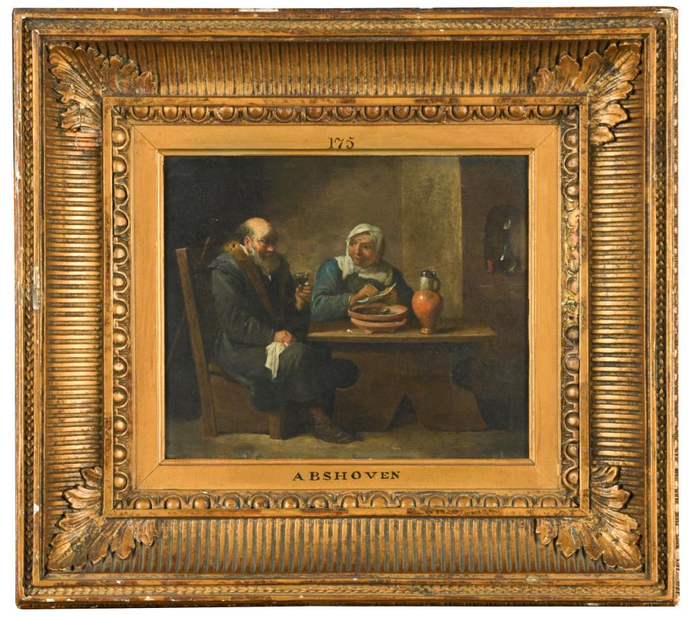 Attributed to Thomas van Apshoven (Dutch, 1622-1664) A: Attributed to Thomas van Apshoven (Dutch, 1622-1664) A gentleman drinking wine, whilst a maid shucks oysters in an interior oil on copper 16 x 19cm (6 x 7in) Provenance: From a Norfolk country house T