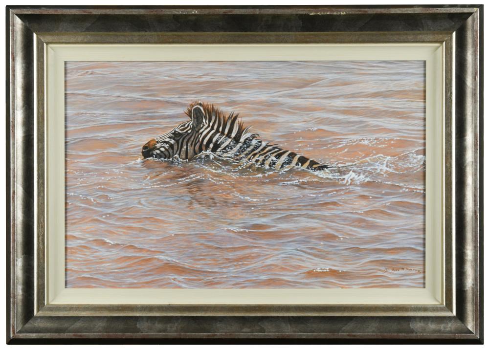 § Alan M Hunt (British, b. 1947) 'Last Across' - Study: § Alan M Hunt (British, b. 1947) 'Last Across' - Study for Zebras Crossing Mara River signed lower right "Alan M Hunt '08" and to the reverse oil on board 44 x 69cm (17 x 27in)