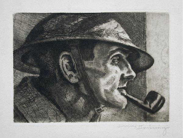 MAX BRÜNING (GERMAN, 1887-1968): Max Brüning (German, 1887-1968) Study of a Soldier signed lower right "Max Bruning" etching 15 x 20cm Sir Muirhead Bone (British, 1876-1953) Salvage signed lower right "Muirhead Bone" etching 15 x 22