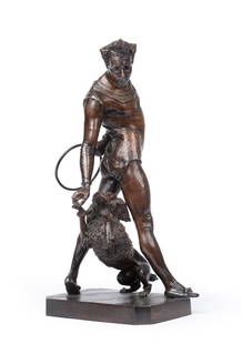 George de Chemellier (French 1835-1907), 'Get Up', an: George de Chemellier (French 1835-1907), 'Get Up', an early 20th Century bronze group, modelled as a circus performer holding a hoop with a performing poodle running through his legs, on canted rectan