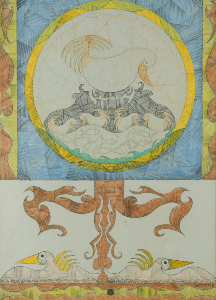 § Scottie Wilson, RSA, RSW (Scottish, 1889-1972) Design: § Scottie Wilson, RSA, RSW (Scottish, 1889-1972) Design with birds signed 'SCOTTIE' (lower right) pen, ink and watercolour 50 x 36cm (20 x 14in)