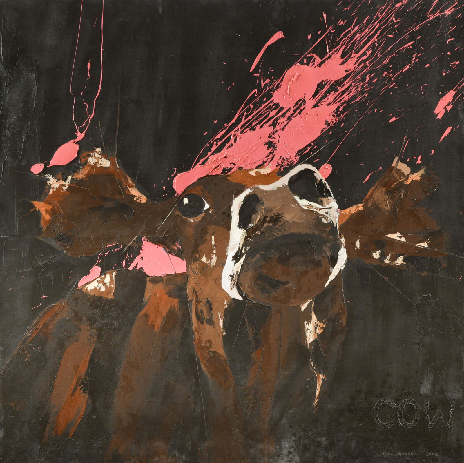 § John Marshall (British Contemporary) Cow signed,: § John Marshall (British Contemporary) Cow signed, titled and dated 2002 lower right acrylic on canvas 114 x 114cm (44 x 44in)