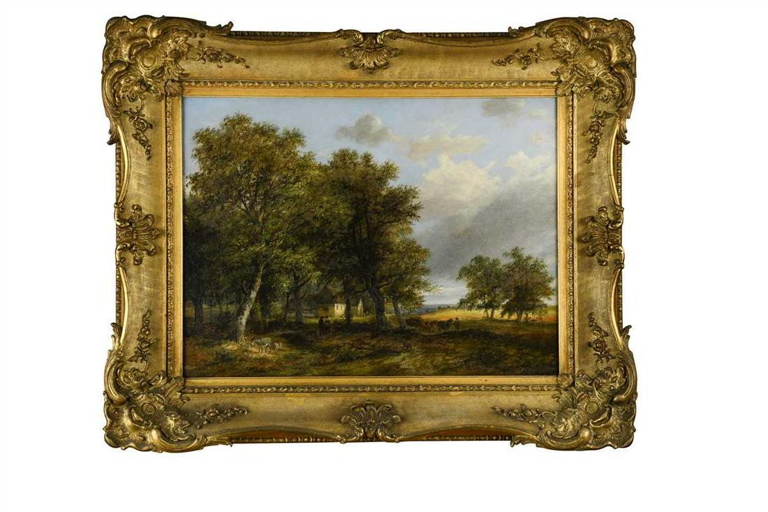 James Stark (British, 1794-1859) Donkeys and Villagers: oil on canvas, (Dimensions: 44 x 60 cm)(44 x 60 cm)Footnote: Provenance: From A Norfolk country house, Sale: Cheffins, 23 March 2011, lot 558 Notes: The present painting was painted during James Stark