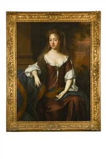 Attributed to Willem Wissing (Dutch 1656-1687): Portrait of a lady, erroneously believed to be the Duchess of Burgoine , seated three-quarter length, in a plum covered dress over a white chemise with a blue gold-trimmed mantle, in a classical setti