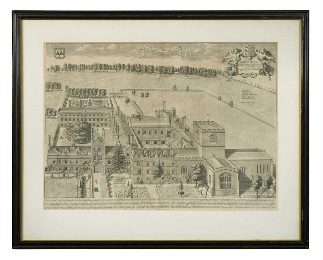 David Loggan: Jesus College, Cambridge, engraving, double page, late 17th century, 36 x 50.5cm