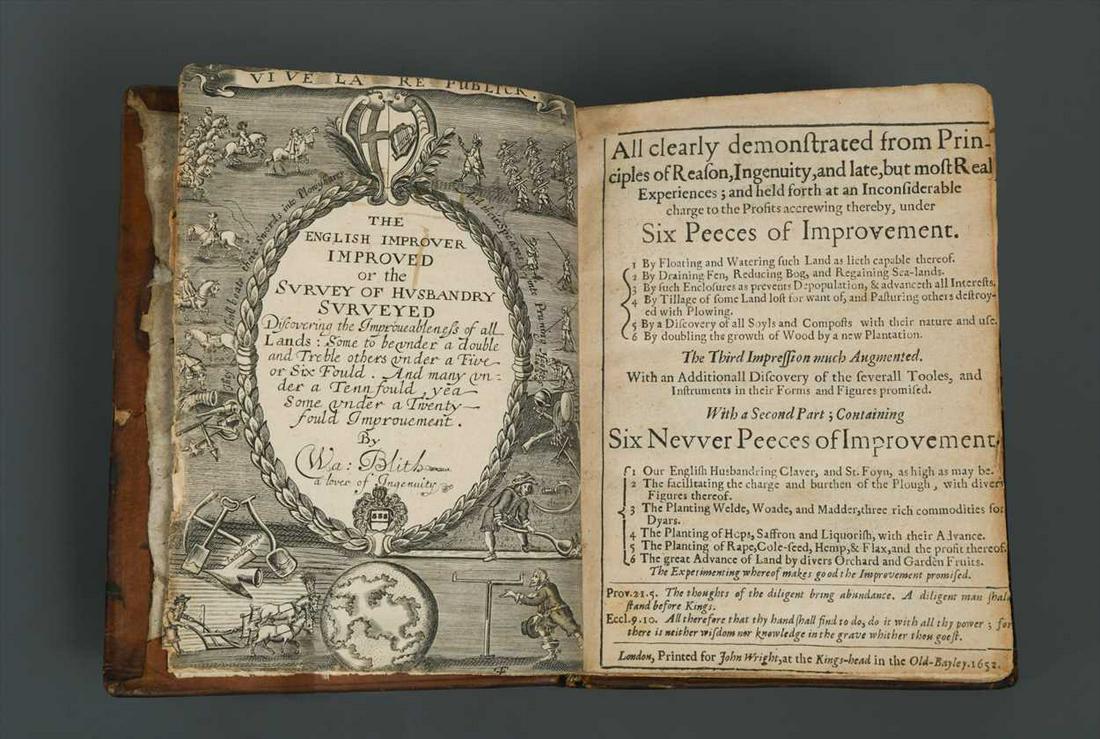 BLITH (Walter): The English Improver Improved or the Survey of Husbandry Surveyed, London: for John Wright 1652, small 4to, engraved pictorial title, 2 engraved plates and 2 full-page woodcut illustrations, titles sl