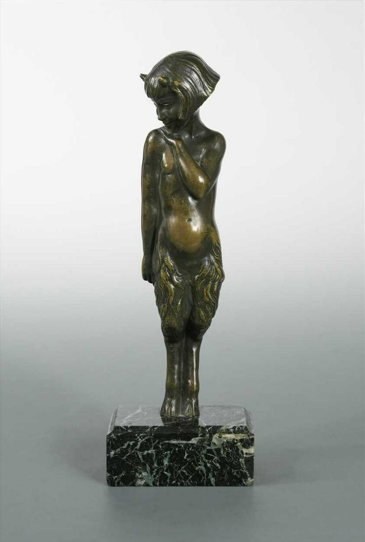 Pierre Laurel (French, 20th century), an Art Deco: modelled as a young girl with cropped hair and one hand on her shoulder, stamped 29 with foundry mark for Les Neveux de Jules Lehmann, on a green veined marble base, signed P Laurel (Dimensions: 30cm