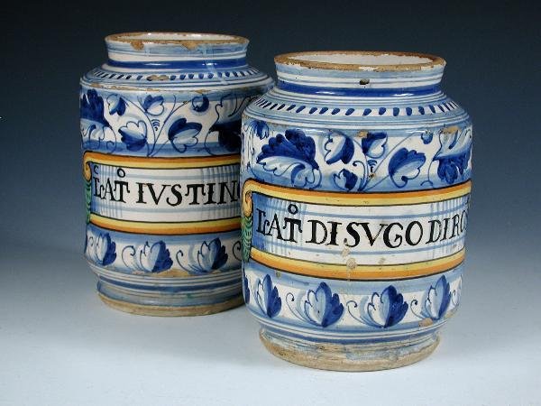 TWO TINGLAZED DRUG JARS